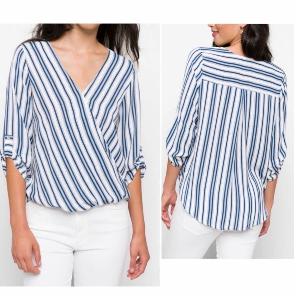 WEST KEI Stitch Fix Allan Surplice Rolltab High Low Striped Blouse-M